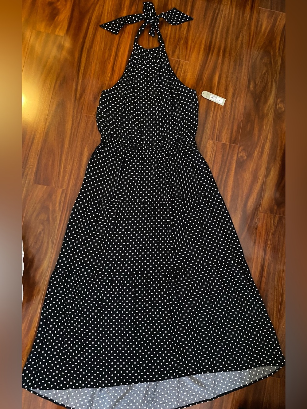 Black Halter Maxi Dress  Flowy with white polka dot with elastic waist Large